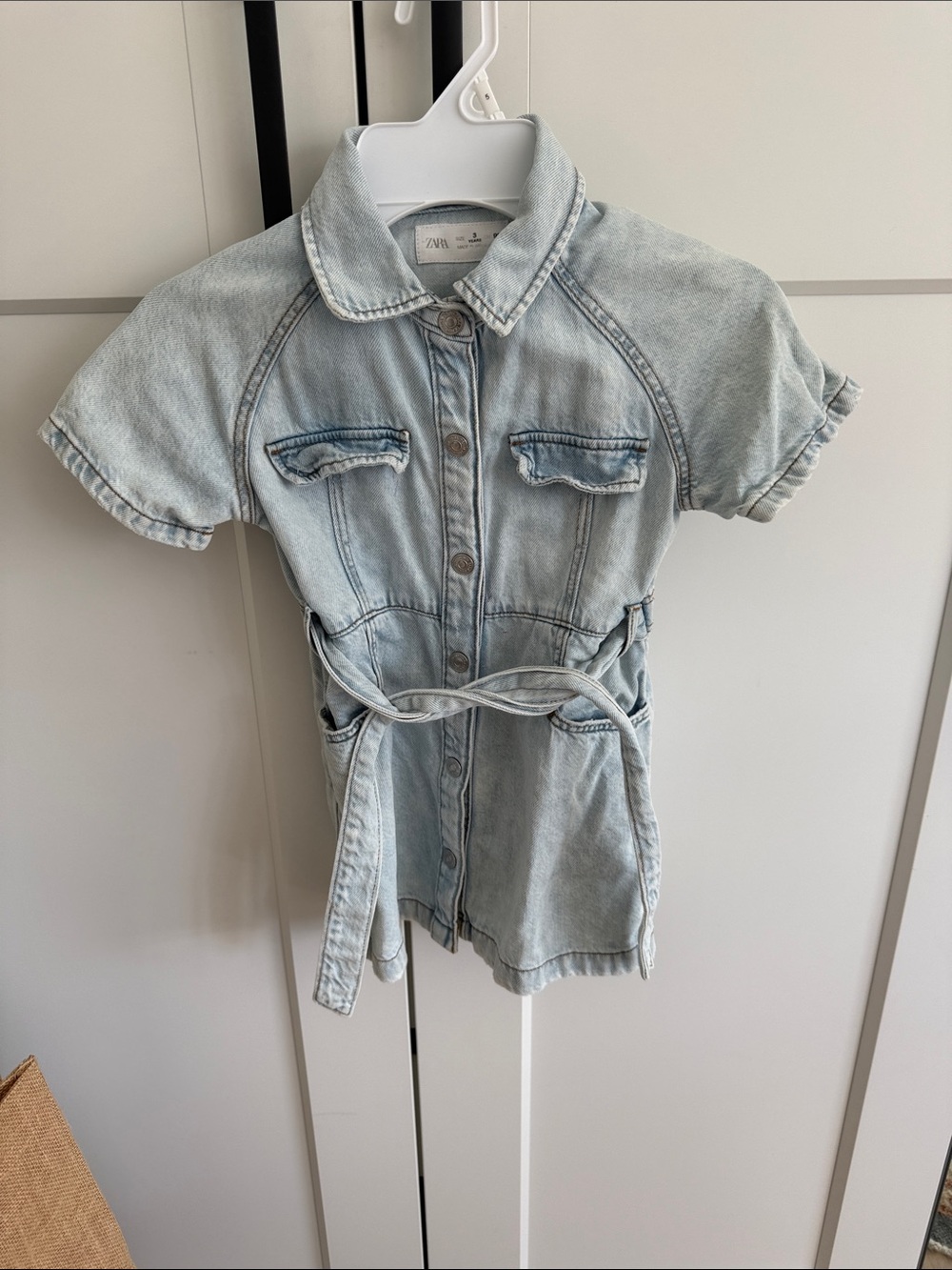 Zara Light Blue Denim Button-Front Kids Shirt Dress with Tie Waist